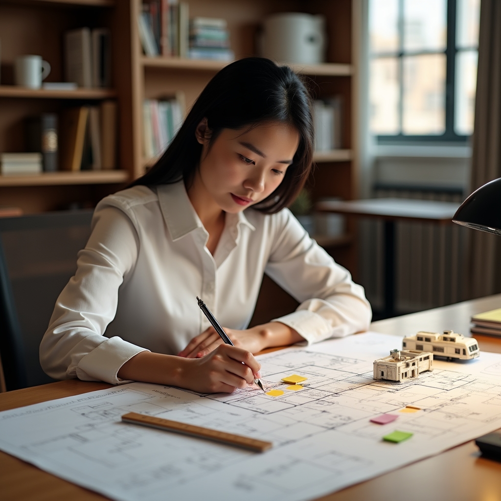 Pianificazione layout ufficio su tavolo con planimetrie e strumenti di misura